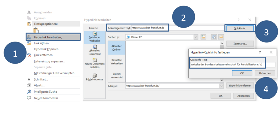 Das Bild zeigt die Abfolge zum Setzen einer Quickinfo für einen Hyperlink in Word