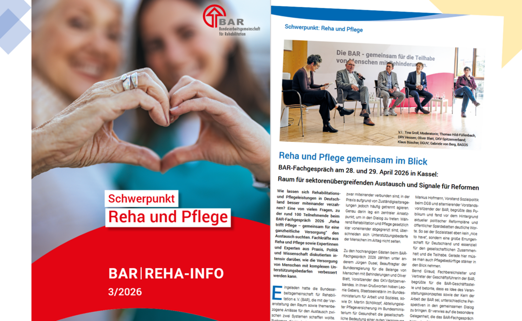 Das Titelcover und der Leitartikel der BAR-Reha-Info, Ausgabe 3 im Jahr 2026, sind zu sehen.