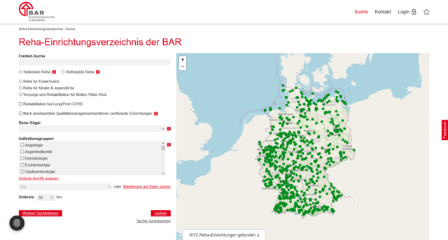 Das Bild zeigt einen Screenshot der Suchmaske vom neuen Reha-Einrichtungsverzeichnis.