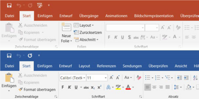 Abbildung der Menübänder von PowerPoint und Word mit aktivierter Registrierkarte Start