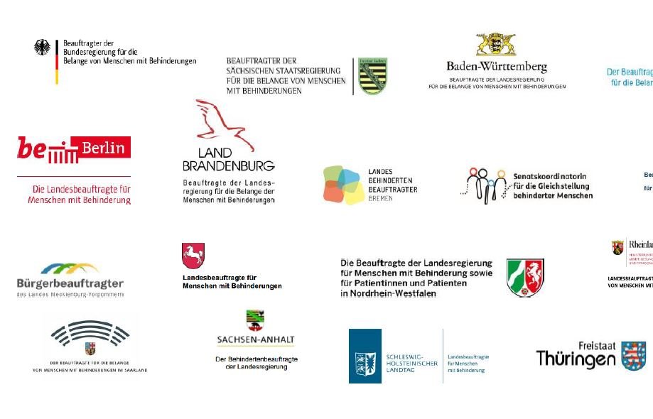 Grafik: BMAS / behindertenbeauftragter.de Symbolbild, es zeigt die Logos der Bundesländer bzw. Beauftragten der Länder und des Beauftragten des Bundes für Menschen mit Behinerungen