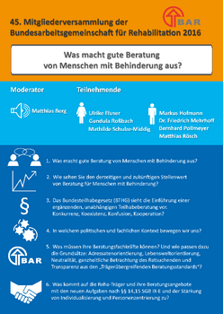 Ankündigung zur Vorstandssitzung und Mitgliederversammlung mit allen Vertretern der Träger und BAR sowie Themen, die durch Symbole auch grafisch dargestellt sind.